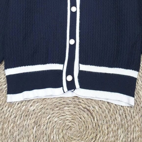 Navy Blue Cable Knit Cardigan White Stripe Trim - Picture 3 of 4